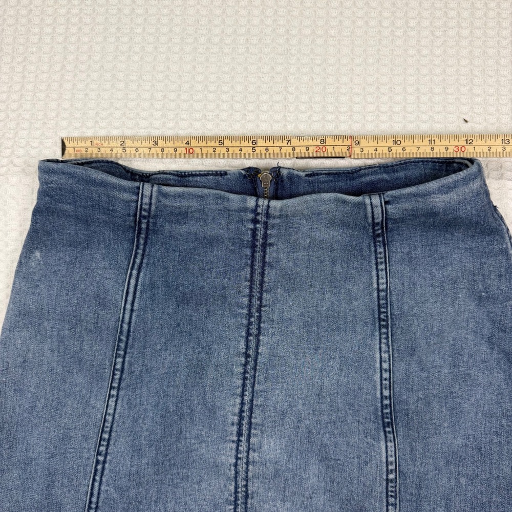 Free People Women Blue Denim Seamed Mini Skirt Size 4 High Waist A-Line Zip Back - Picture 3 of 6